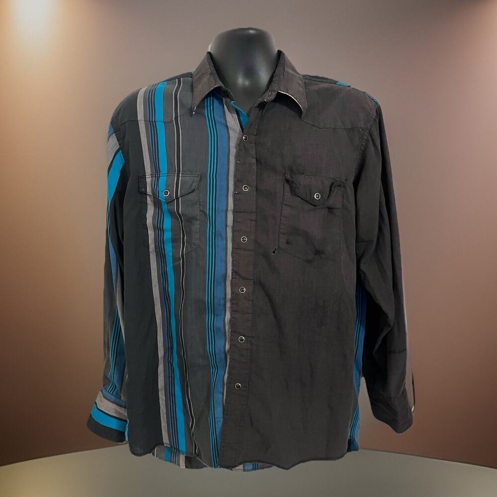 VTG 90s Wrangler Pearl Snap Shirt Distressed Stripe XLong Tails Western L/XL